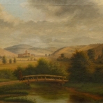 Landschaft Italien / Toskana, ohne Signatur u. Datierung Fluß m. Brücke u. Wanderer, Hügel, Kloster o. ä., Biedermeier od etwas früher