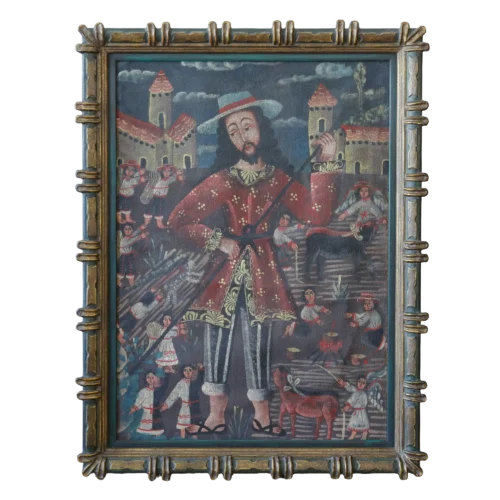 Religiöses Ölgemälde San Isidro Labrador, Schutzpatron der Bauern, naiv-sakrale Darstellung in spanischem oder lateinamerikanischem Stil, profilierter Holzrahmen.