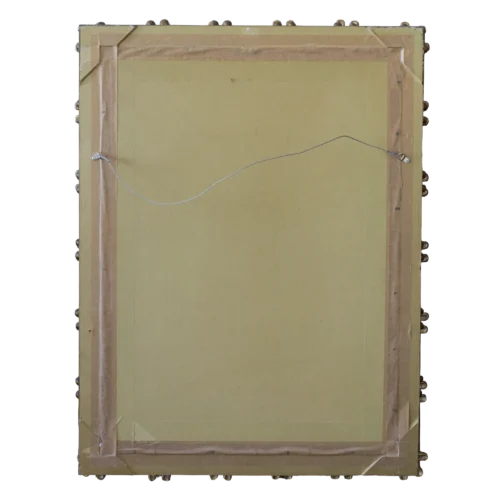 Religiöses Ölgemälde San Isidro Labrador, Schutzpatron der Bauern, naiv-sakrale Darstellung in spanischem oder lateinamerikanischem Stil, profilierter Holzrahmen Rückseite