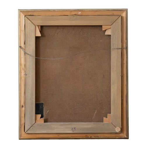 Rückseite eines antiken Ölgemäldes auf Leinwand mit Keilrahmen und Aufhängedraht, Inventarnummer 45 sichtbar.
