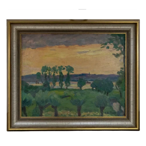 Ernst Eitner Ölgemälde Am Deich bei Cranz, Hamburger Impressionismus, Elblandschaft mit Kopfweiden und Segelschiffen im Hintergrund, Silber-Gold-Rahmen.