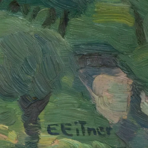 Detailaufnahme der Signatur „E. EITNER“ in der linken unteren Ecke des herbstlichen Ölgemäldes