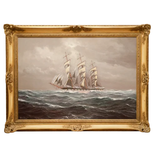 Original Ölgemälde von Johannes Holst, Dreimast-Segelschiff auf stürmischer See, Hamburger Marinemalerei im goldenen Prunkrahmen.