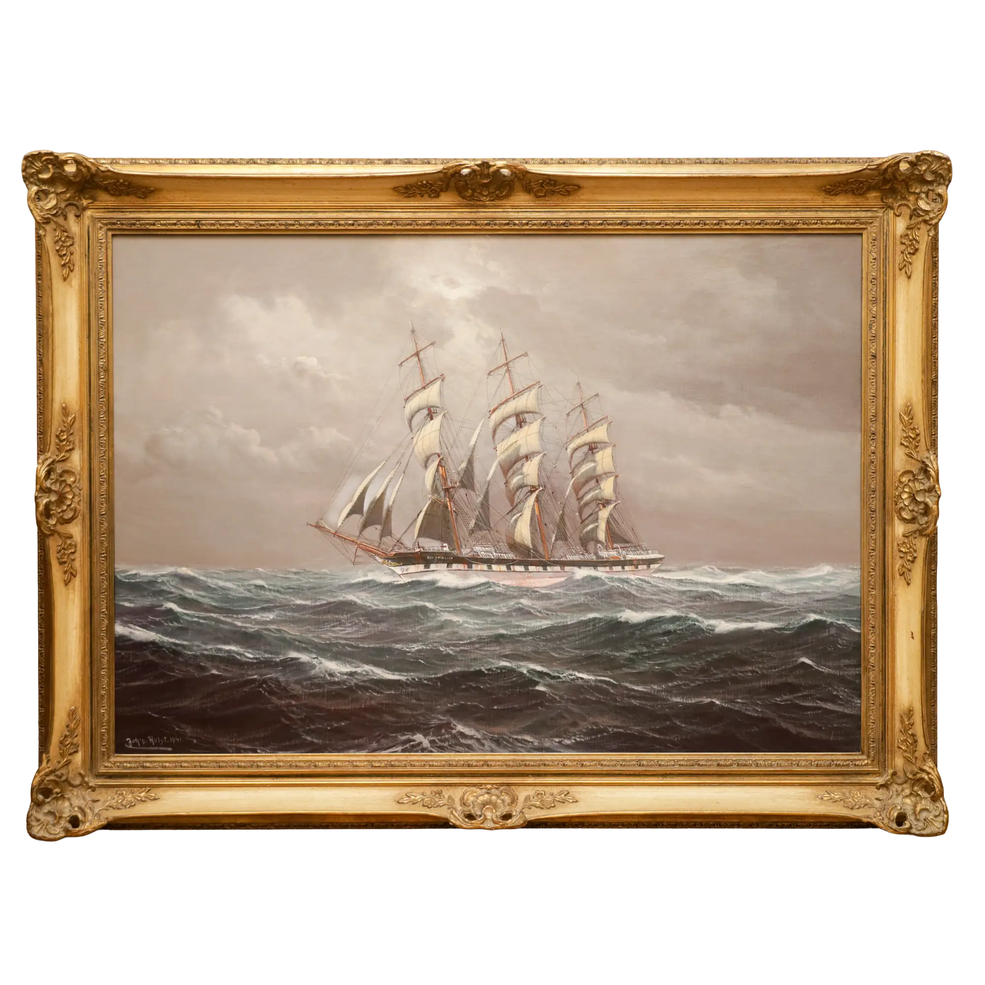 Original Ölgemälde von Johannes Holst, Dreimast-Segelschiff auf stürmischer See, Hamburger Marinemalerei im goldenen Prunkrahmen.