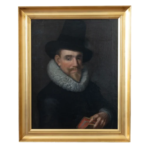 Antikes Ölgemälde Herrenporträt im Stil des 17. Jahrhunderts mit Halskrause und hohem Hut, ein Buch haltend, im goldenen Prunkrahmen.
