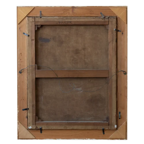 Rückseite eines antiken Gemäldes mit Holz-Keilrahmen, Leinwandstruktur, Aufhängedraht und handschriftlicher Inventarnummer 7763.