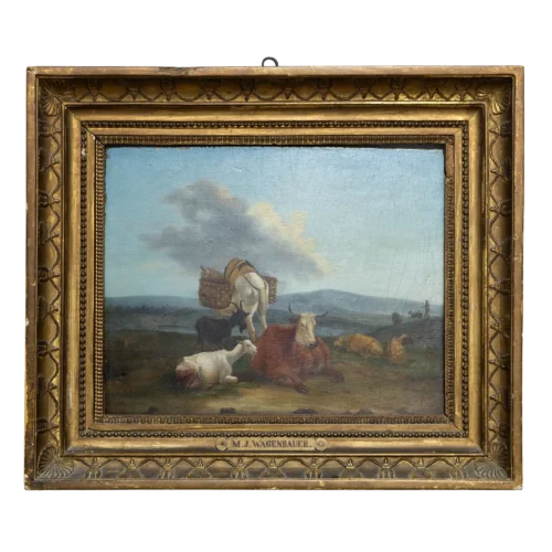 Maximilian Joseph Wagenbauer Ölgemälde Viehweide mit Rindern und Ziegen in bayerischer Landschaft, Biedermeier Rahmen mit Namensplakette.