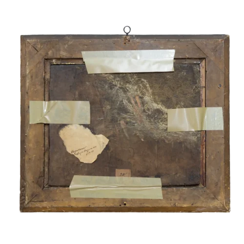 Rückseite Ölgemälde Maximilian Joseph Wagenbauer mit altem Klebezettel, handschriftlichen Notizen und historischer Holztafel.