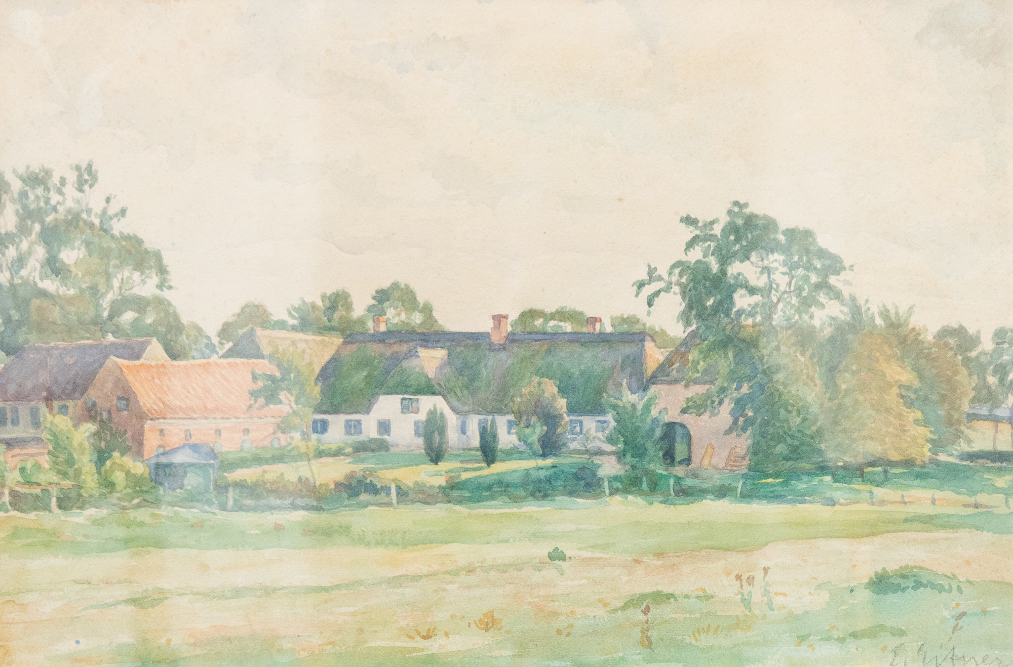 Ernst Eitner: Norddeutscher Bauernhof | Original Aquarell gerahmt
