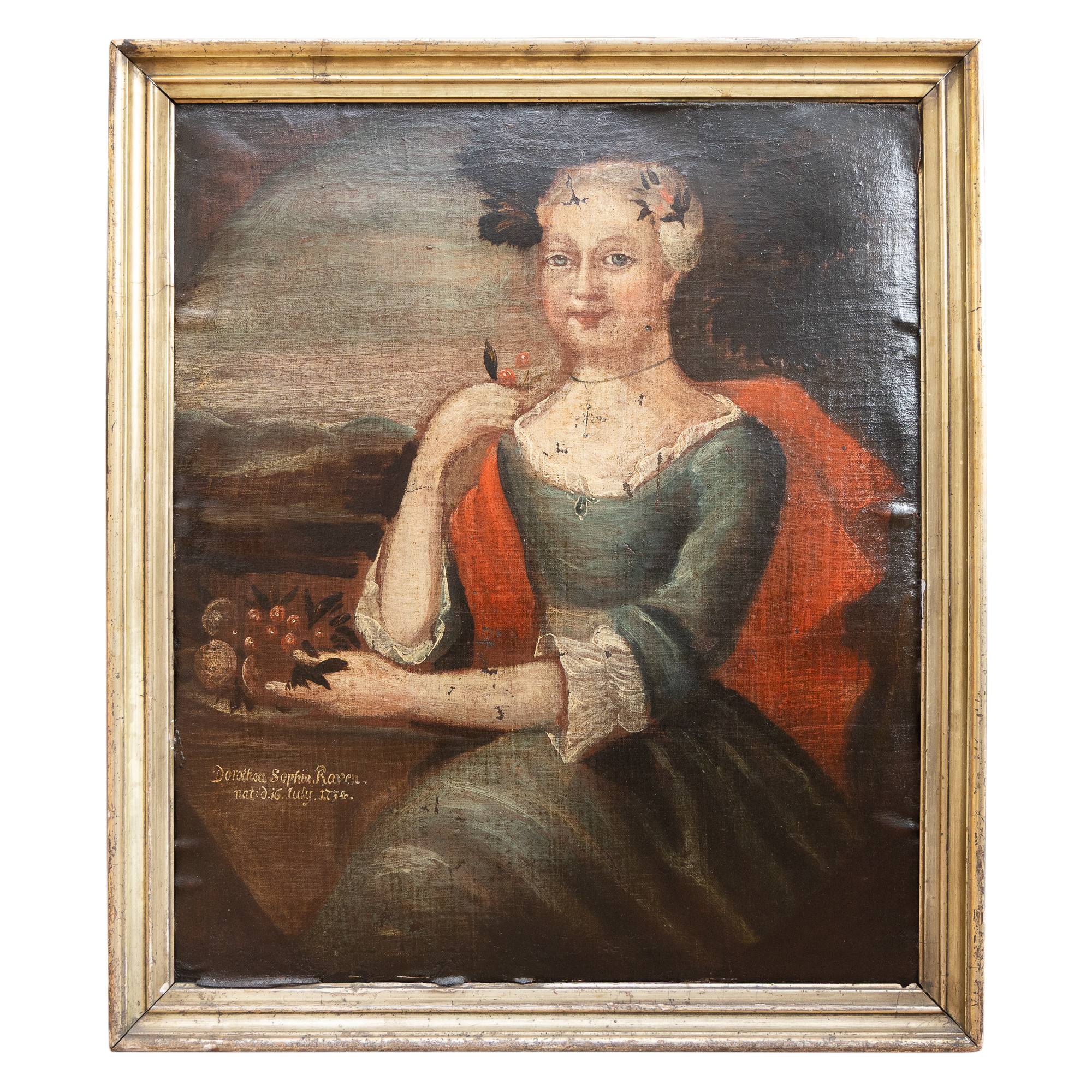 Antikes Ölgemälde aus dem 18. Jahrhundert, Porträt der Dorothea Sophia Raven geb. 1724, in antikem Goldrahmen.