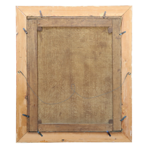 ückseite des antiken Ölgemäldes mit originalem Holz-Keilrahmen aus dem 19. Jahrhundert.