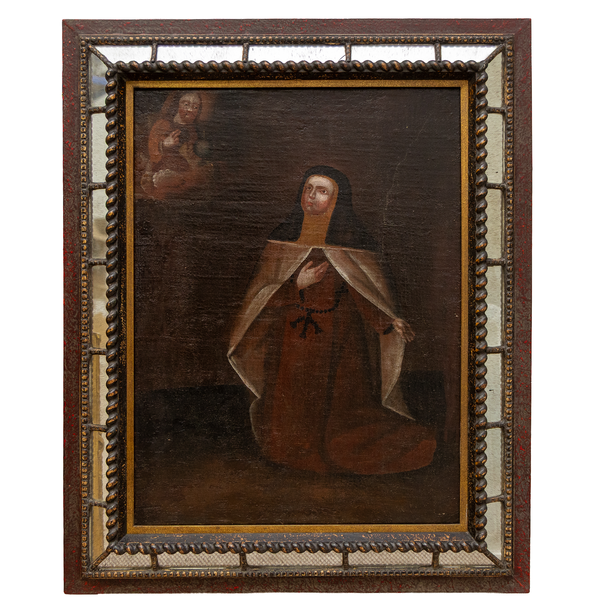 Sakrales Barock-Gemälde – Kniende Nonne in Kontemplation im seltenen Spiegelrahmen
