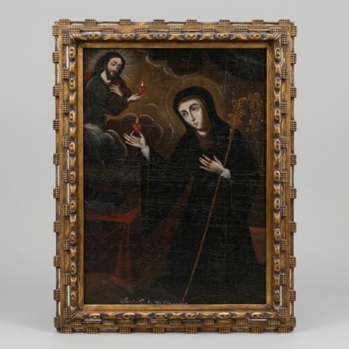 Museales Barock Ölgemälde (17./18. Jh.) kaufen. Die Vision der Hl. Gertrud mit dem Herzen Jesu. Spanische Schule, prachtvoll gerahmt. Jetzt entdecken!