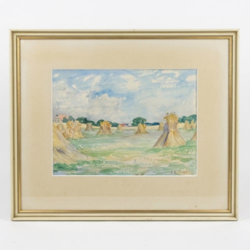 Original-Aquarell von Ernst Eitner Sommerliche Kornlandschaft im klassischen Goldrahmen mit Passepartout