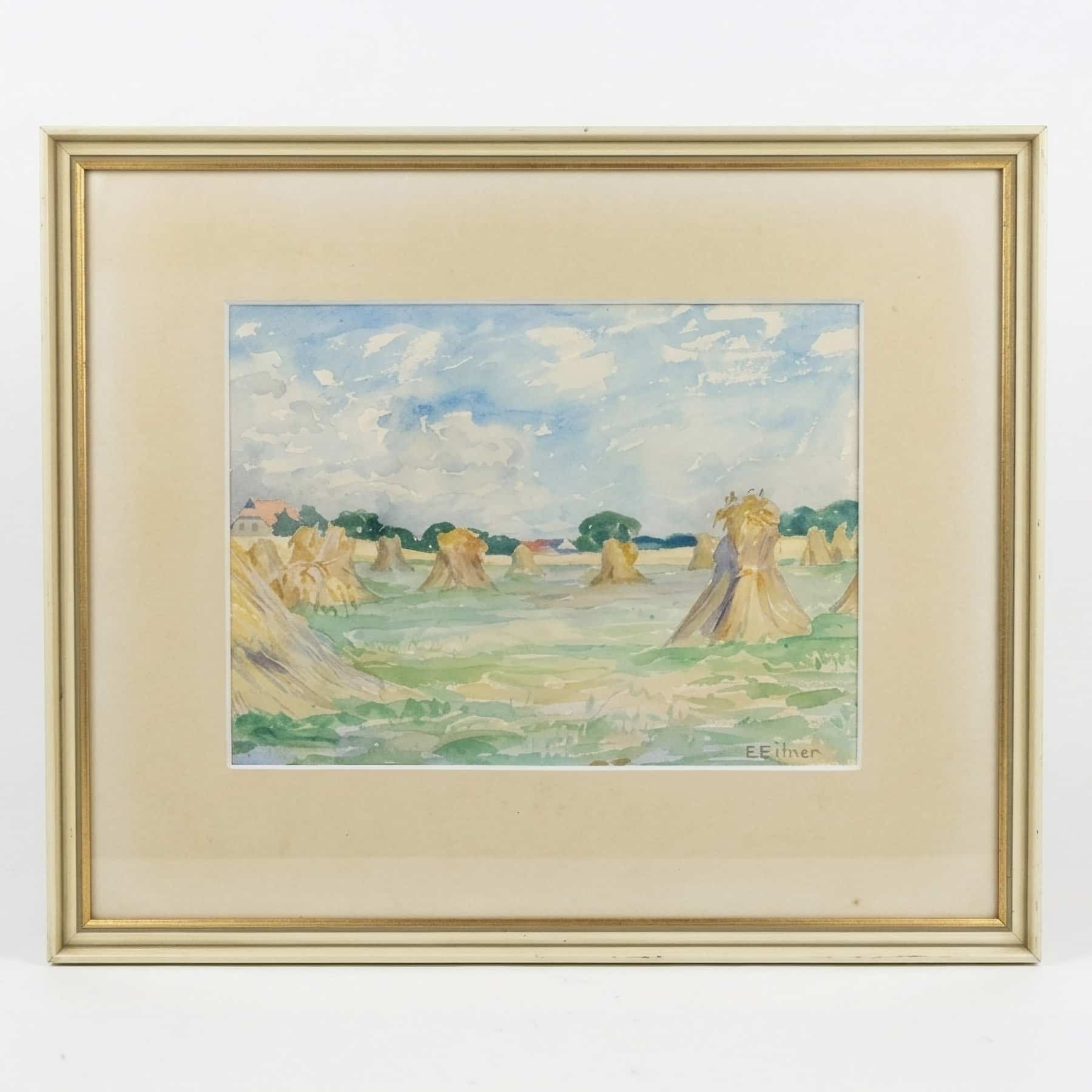 Original-Aquarell von Ernst Eitner Sommerliche Kornlandschaft im klassischen Goldrahmen mit Passepartout